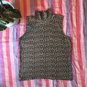 Leopard Print Silk Blend Mockneck Sleeveless Top
